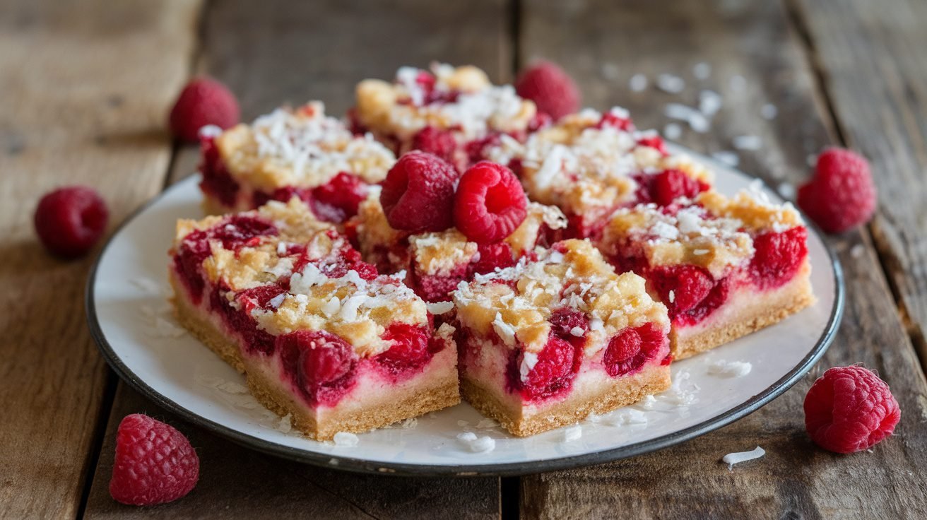 Raspberry coconut bars on a plate, featuring a golden crust and fresh raspberries.