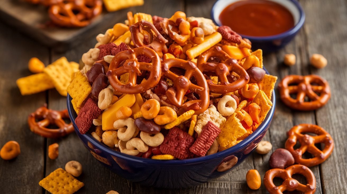 A bowl of Honey BBQ Snack Mix with pretzels, cheese crackers, nuts, and cereal on a wooden table.