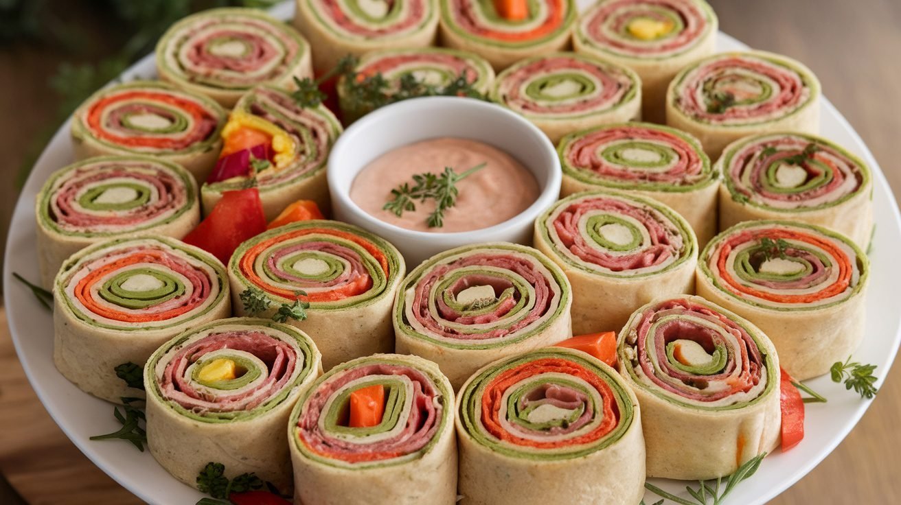 A platter of sliced tortilla roll-up pinwheels filled with cream cheese, turkey, spinach, and bell peppers, garnished with herbs.