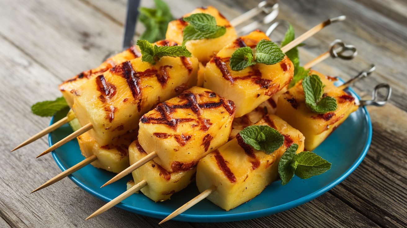 Grilled pineapple skewers on a plate, garnished with mint, showcasing caramelized pineapple pieces.