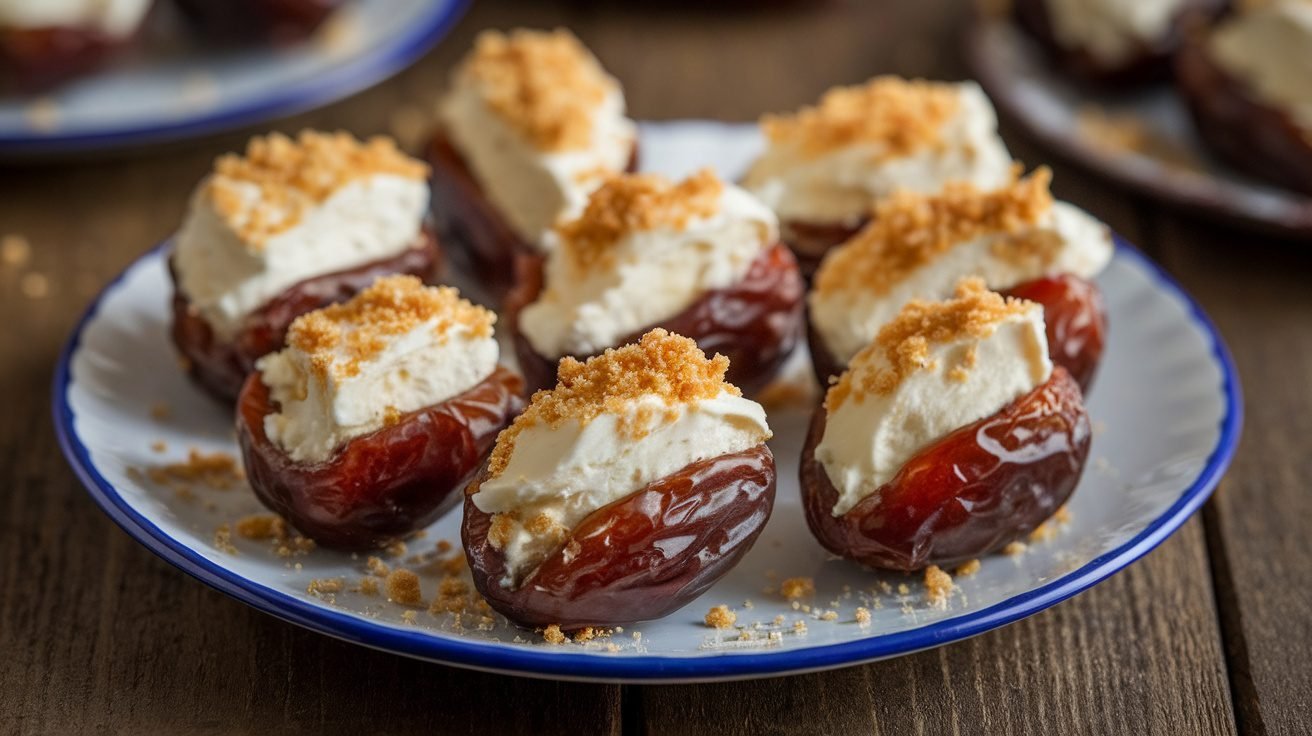 A plate of cheesecake stuffed dates topped with graham cracker crumbs, set on a rustic wooden table.