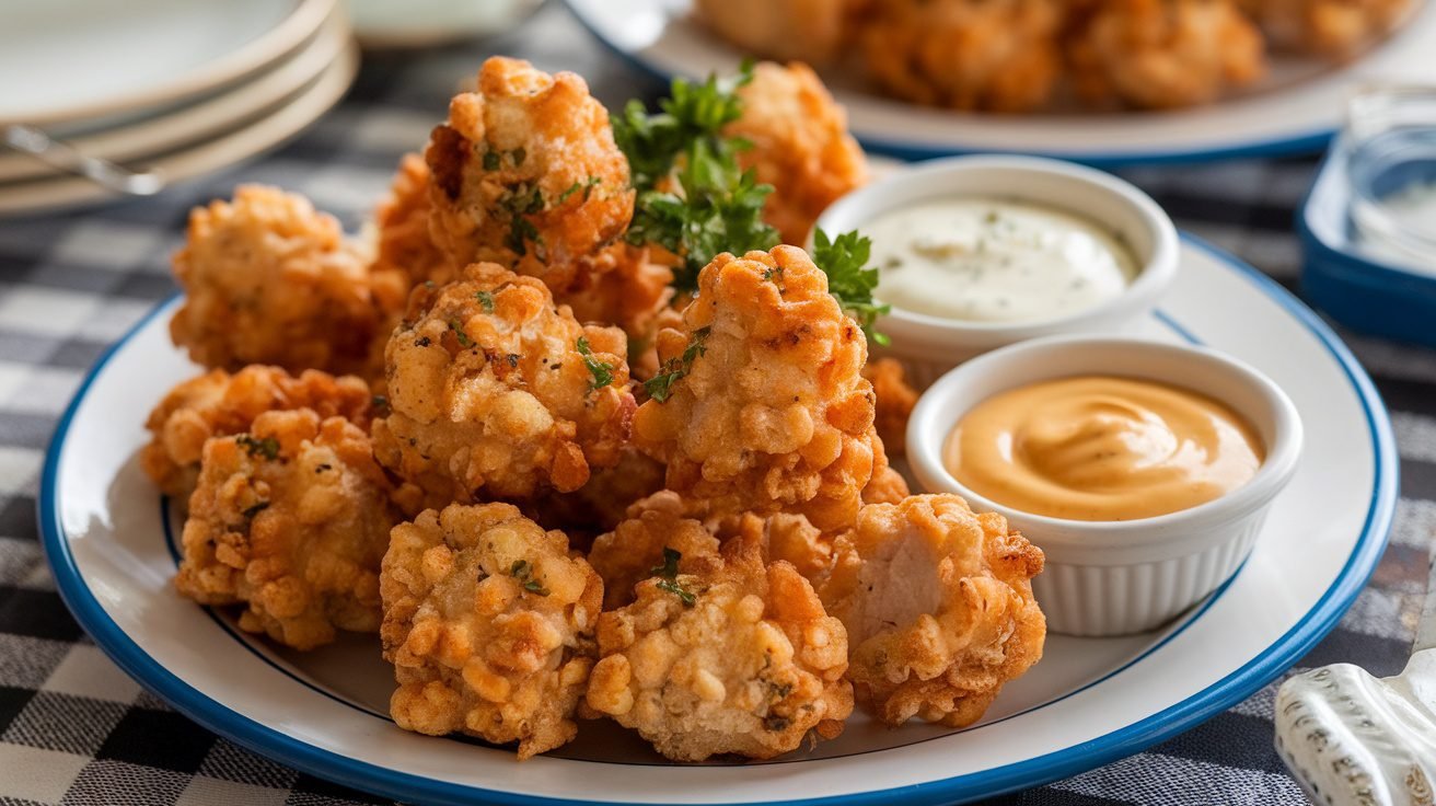 Crispy popcorn chicken bites on a plate with dipping sauces and garnished with parsley.