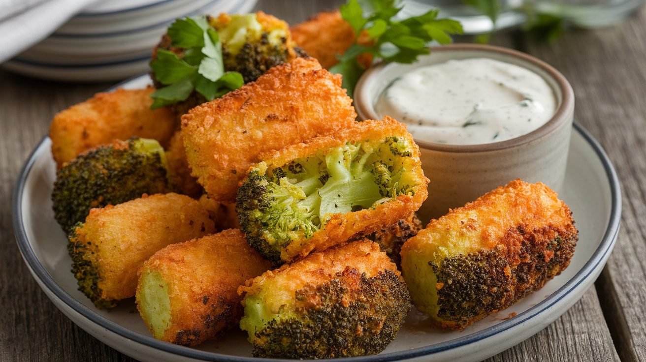 Crispy air fryer broccoli tots on a plate with ranch dressing, garnished with parsley.
