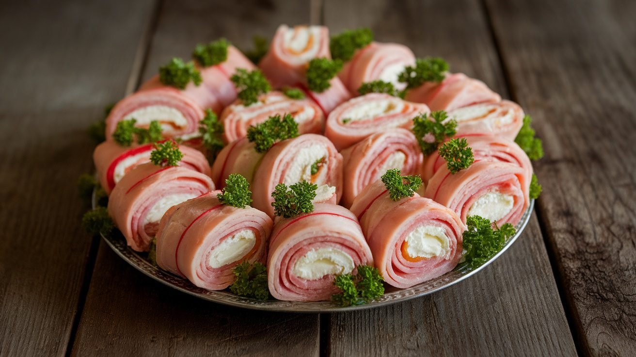 A platter of bite-sized Cream Cheese Ham Roll-Ups garnished with parsley.