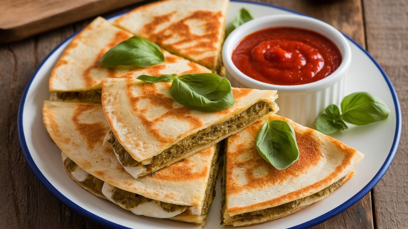 Pesto mozzarella quesadillas on a plate, garnished with basil and served with marinara sauce.