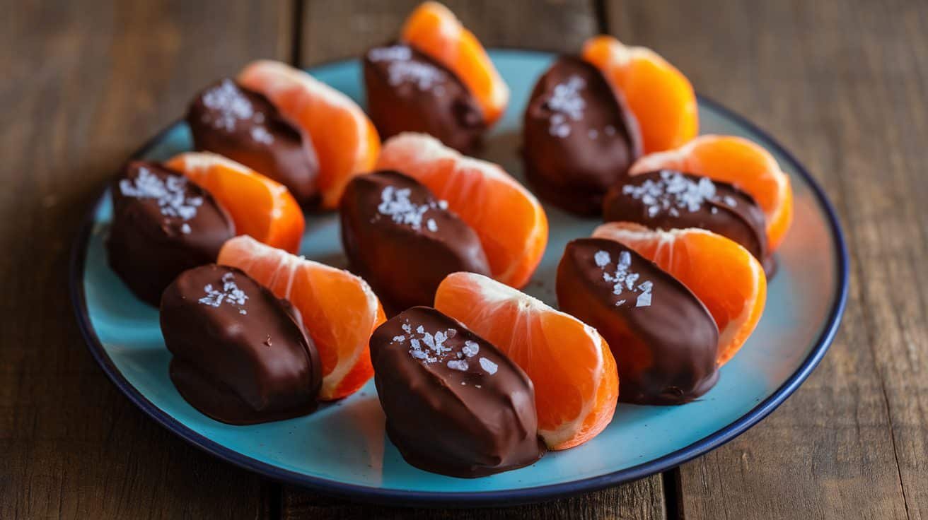 Chocolate-dipped clementine slices on a plate, garnished with sea salt, on a wooden table.