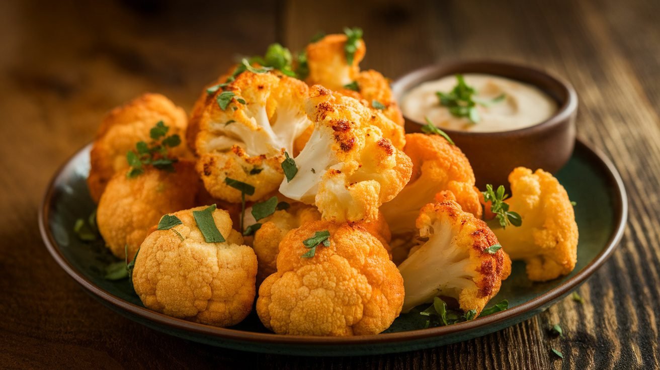 Crispy Cheddar Cauliflower Bites on a plate with dipping sauce, garnished with herbs.