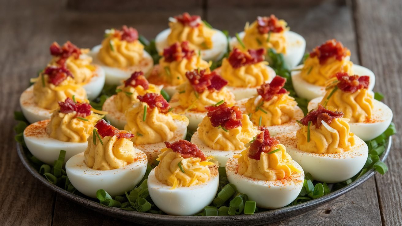 A delicious platter of loaded deviled eggs garnished with bacon, cheese, and chives.