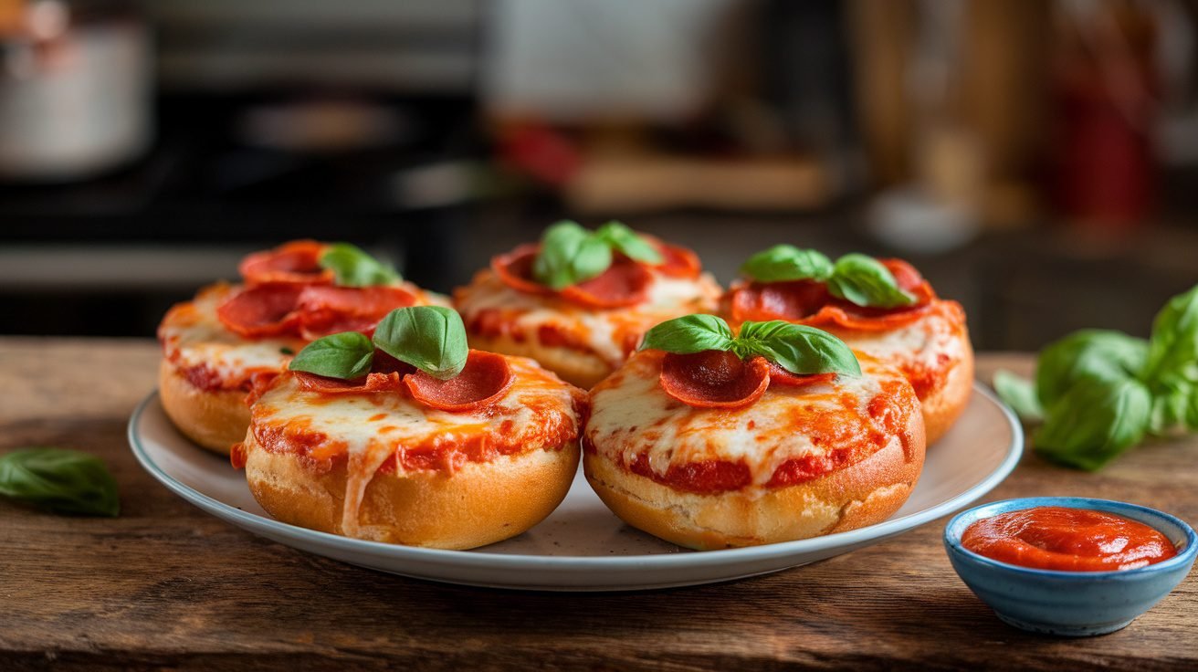 Homemade pizza bagels topped with cheese and pepperoni on a plate, with marinara sauce on the side.