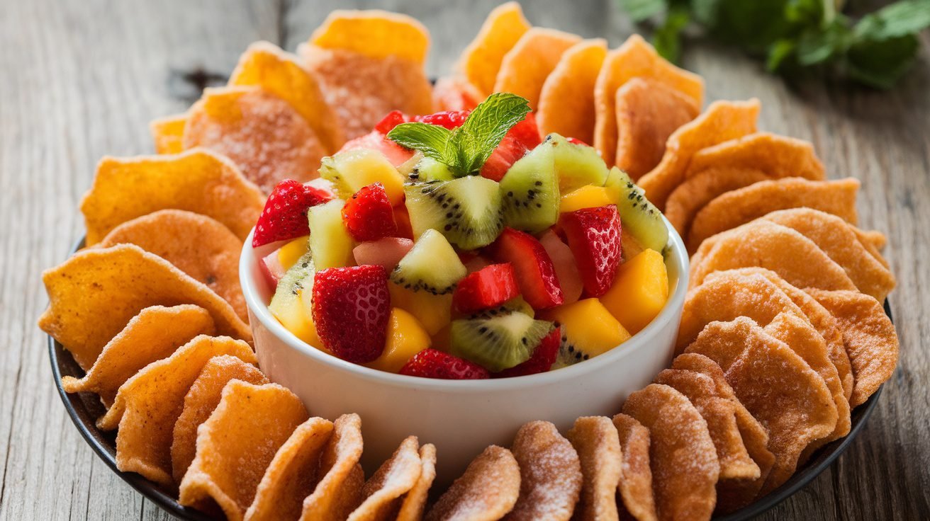 A colorful fruit salsa with strawberries, kiwi, mango, and pineapple served with crispy cinnamon chips on a wooden table.