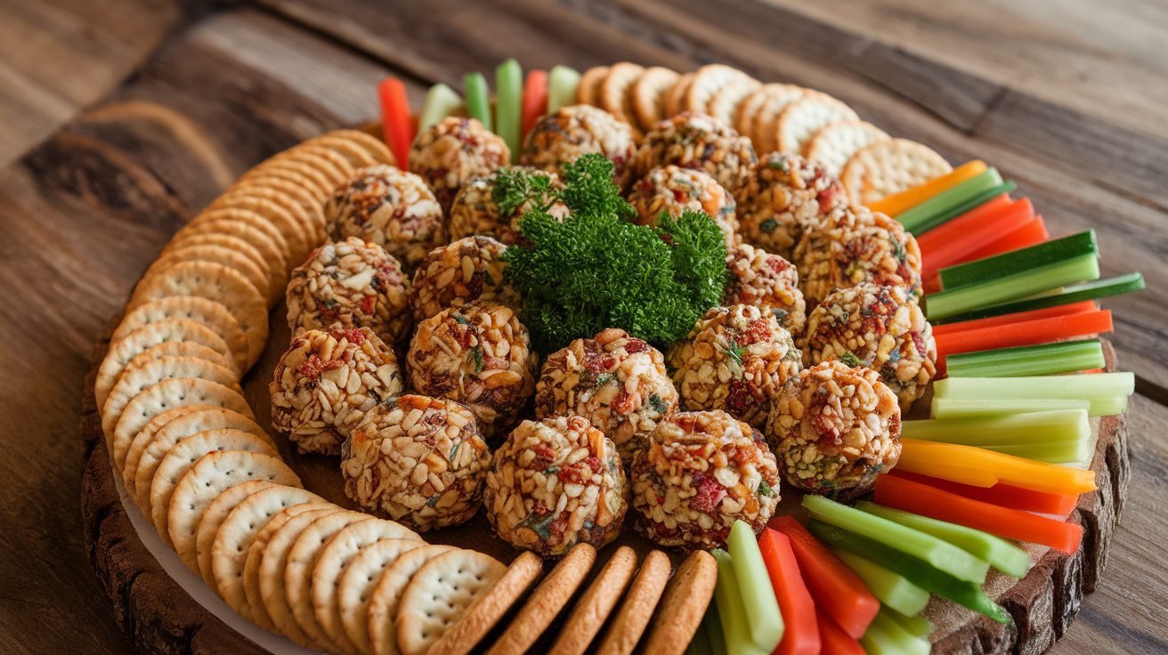 A serving platter of Mini Cheese Balls coated in nuts and herbs, with crackers and vegetables.