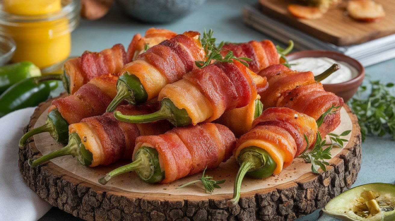 A delicious platter of bacon-wrapped jalapeños stuffed with cheese, served on a wooden board with dipping sauce.