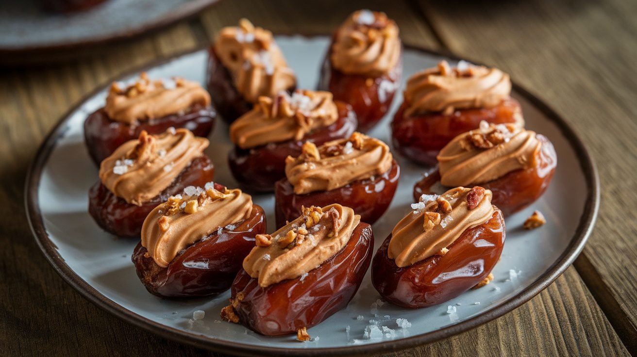 A plate of peanut butter stuffed dates garnished with nuts and sea salt on a wooden table.