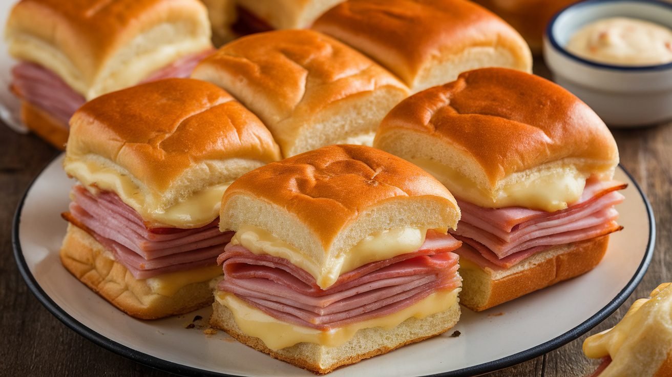 A delicious platter of Ham and Swiss Sliders with melted cheese and ham, served on a rustic wooden table.