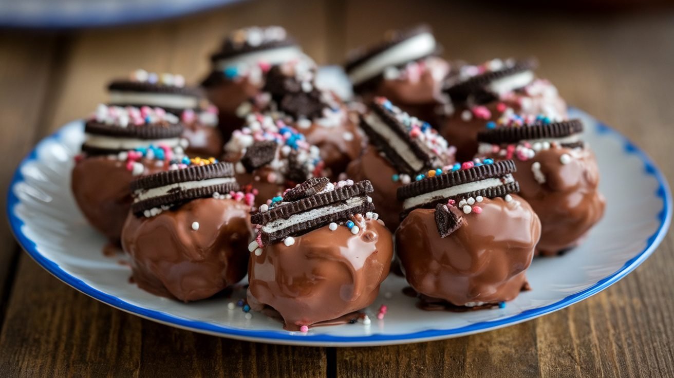 A plate of No-Bake Oreo Bites coated in chocolate with sprinkles, on a rustic wooden table.