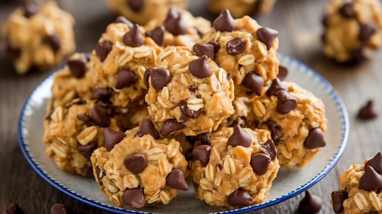Chewy oatmeal chocolate chip bites on a plate with chocolate chips scattered around.