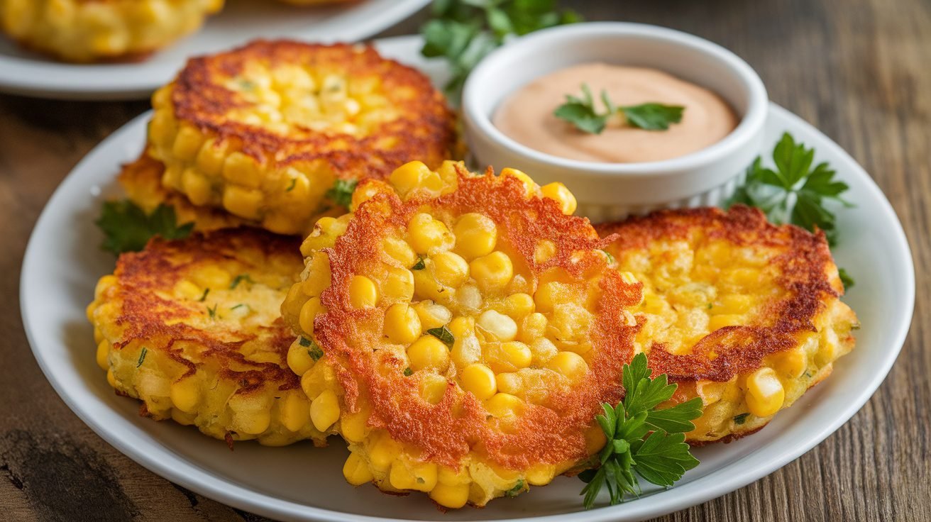 Crispy air fryer corn fritters on a plate with parsley and dipping sauce.