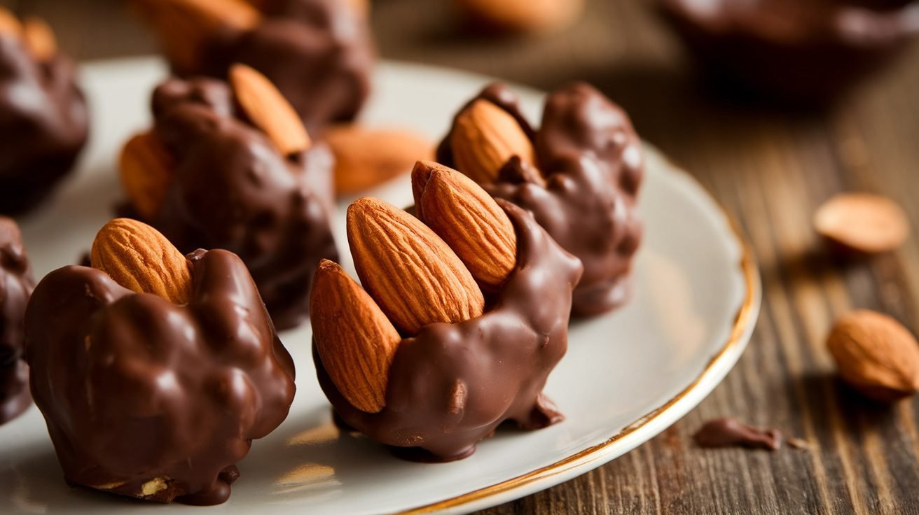 Chocolate covered almond clusters on a plate, with almonds and melted chocolate in the background.