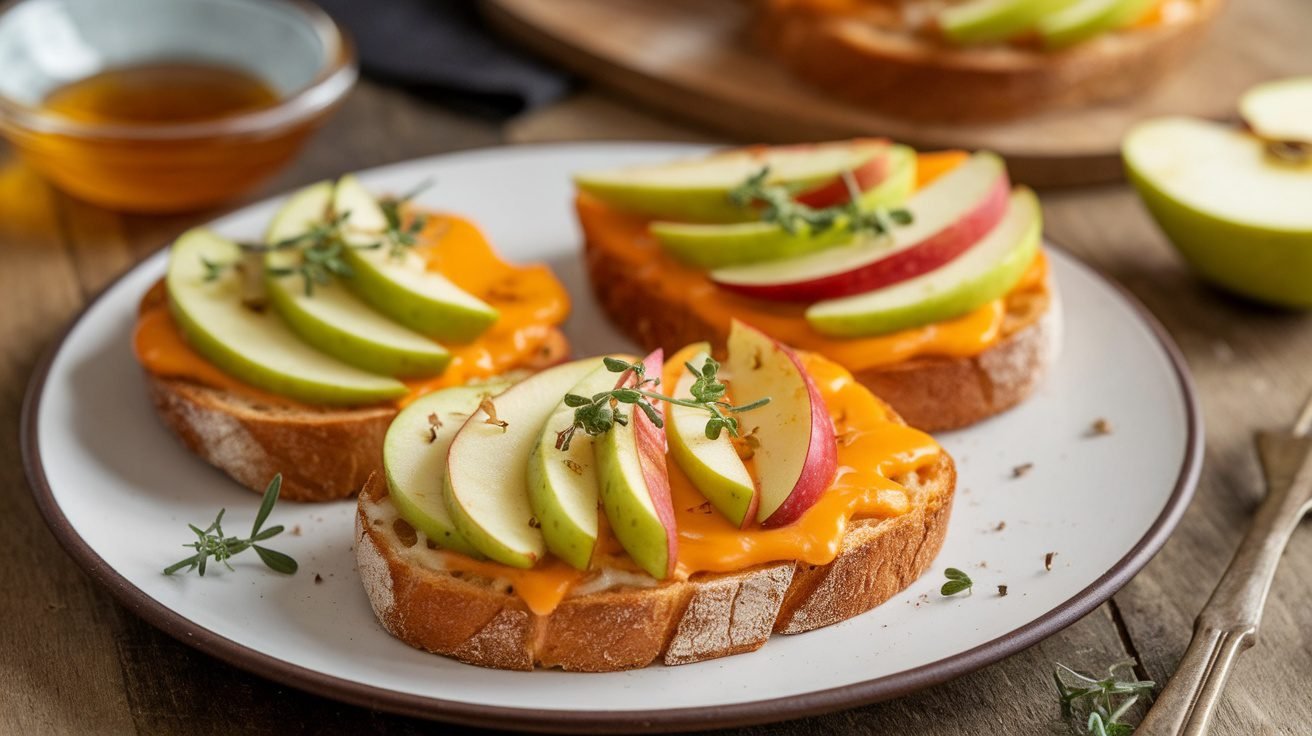 Warm Apple Cheddar Toasts with apple slices and melted cheese on a rustic plate.