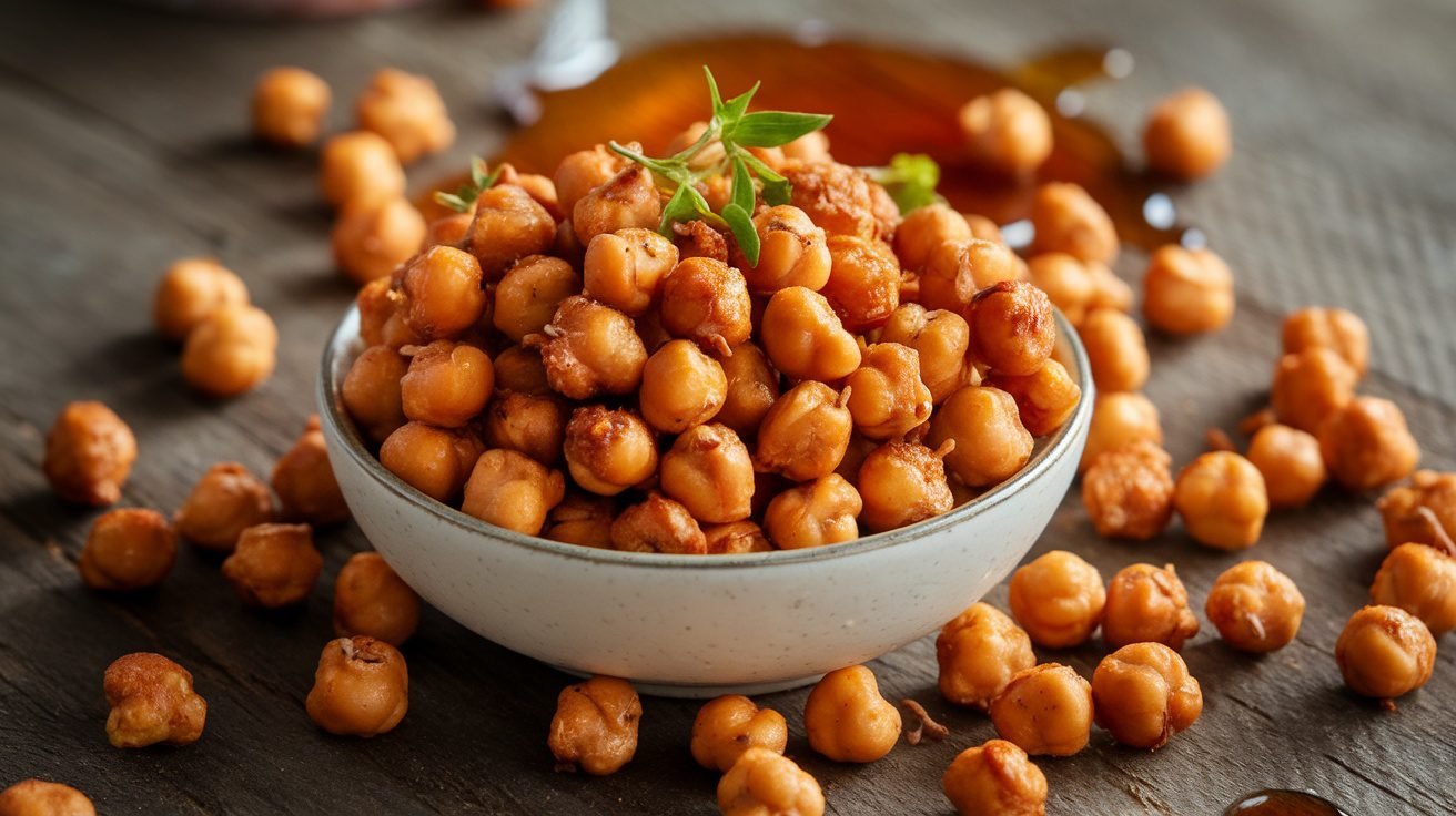 Crispy maple roasted chickpeas in a bowl, garnished with herbs on a wooden table.