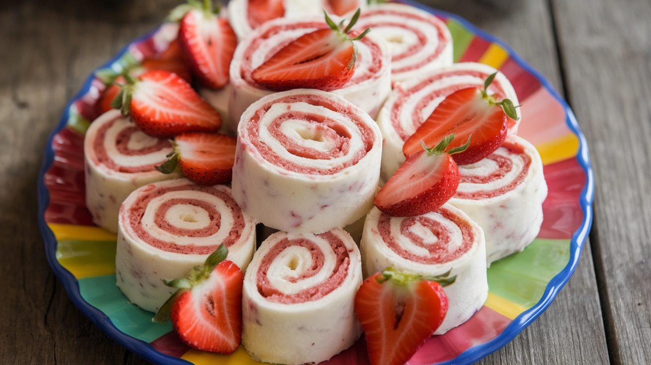 Sliced Strawberry Cream Cheese Roll-Ups on a plate, garnished with strawberries, on a wooden table.