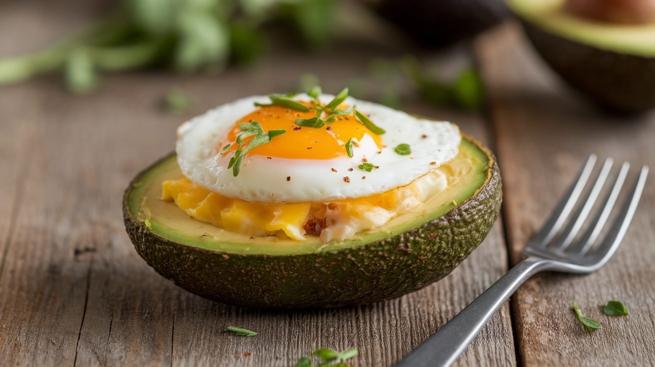 Baked avocado boats with cheese and egg, garnished with herbs on a wooden table.