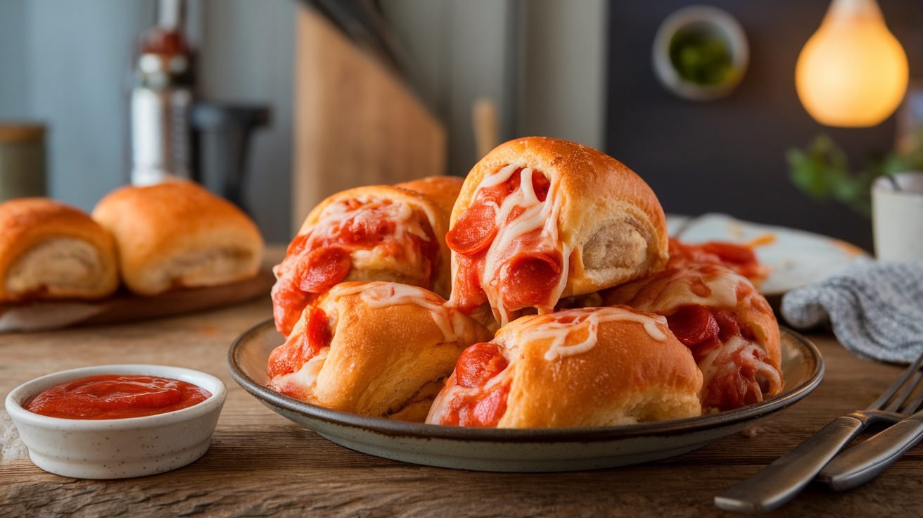 Golden pizza stuffed crescent rolls filled with cheese and pepperoni, served with marinara sauce on a wooden table.