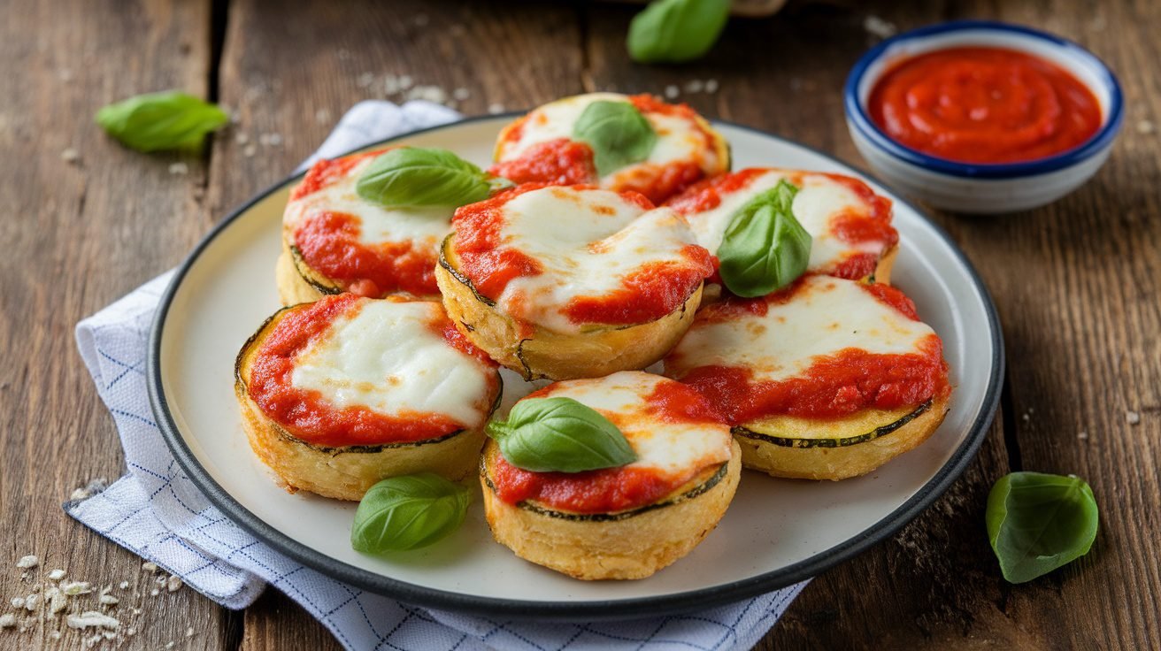 A plate of Zucchini Pizza Bites topped with cheese and marinara sauce, garnished with basil.