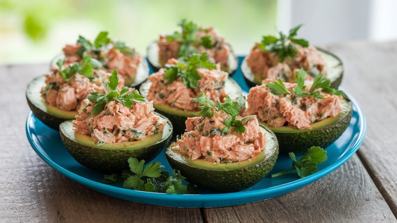 Avocado halves filled with tuna salad, garnished with herbs, on a wooden table.