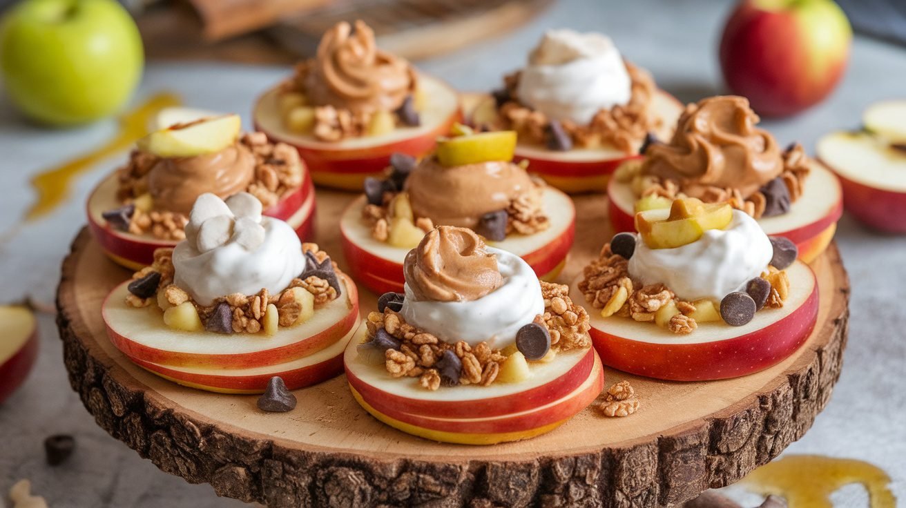 Sliced apple donuts topped with nut butter, yogurt, granola, and chocolate chips on a wooden platter.