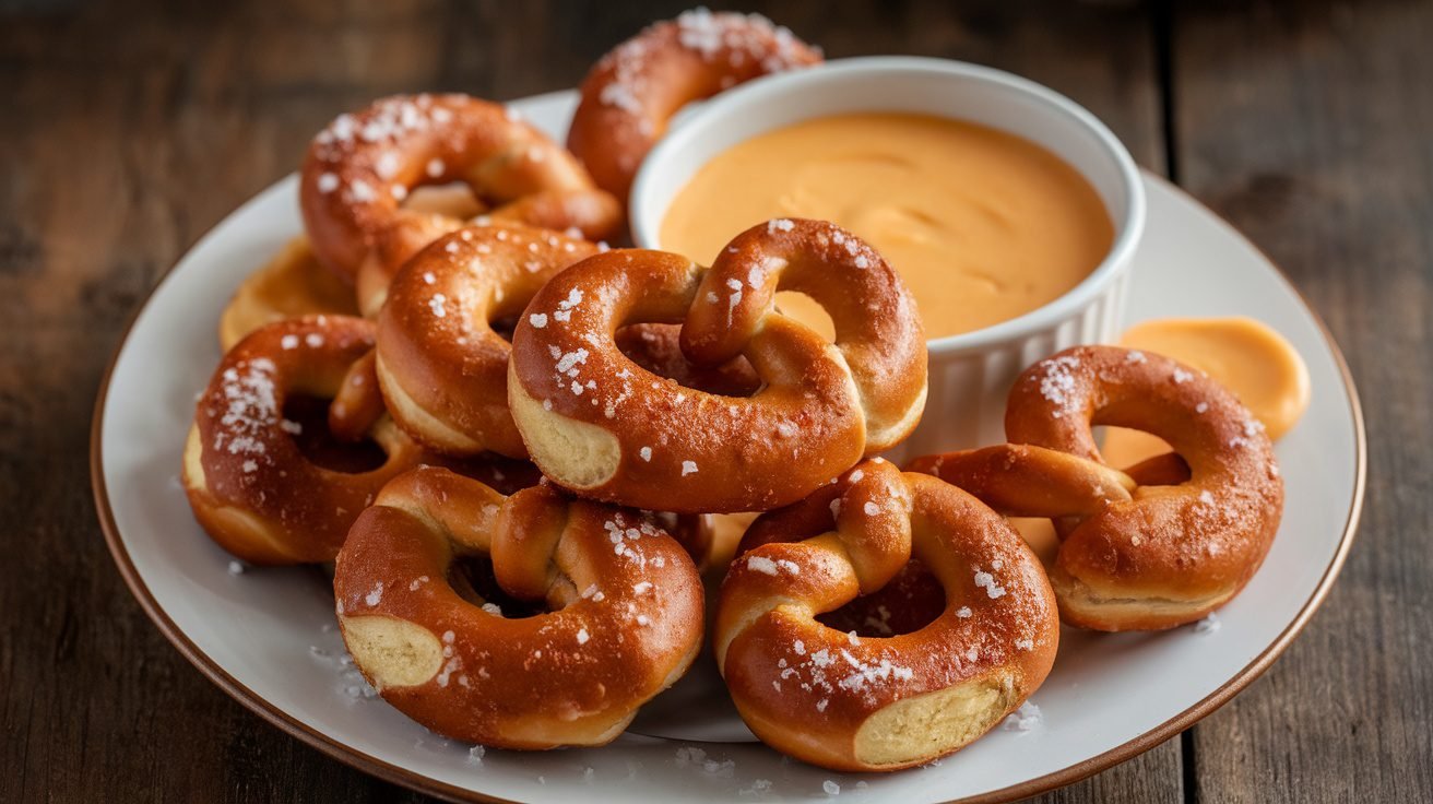 Soft pretzel nuggets with cheese dip on a rustic wooden table.