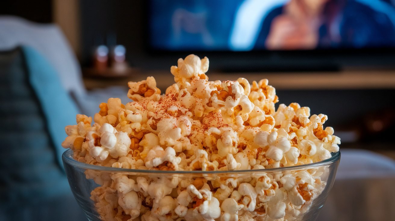 A bowl of spicy peanut butter popcorn with a rich coating and red pepper flakes, set in a cozy living room.