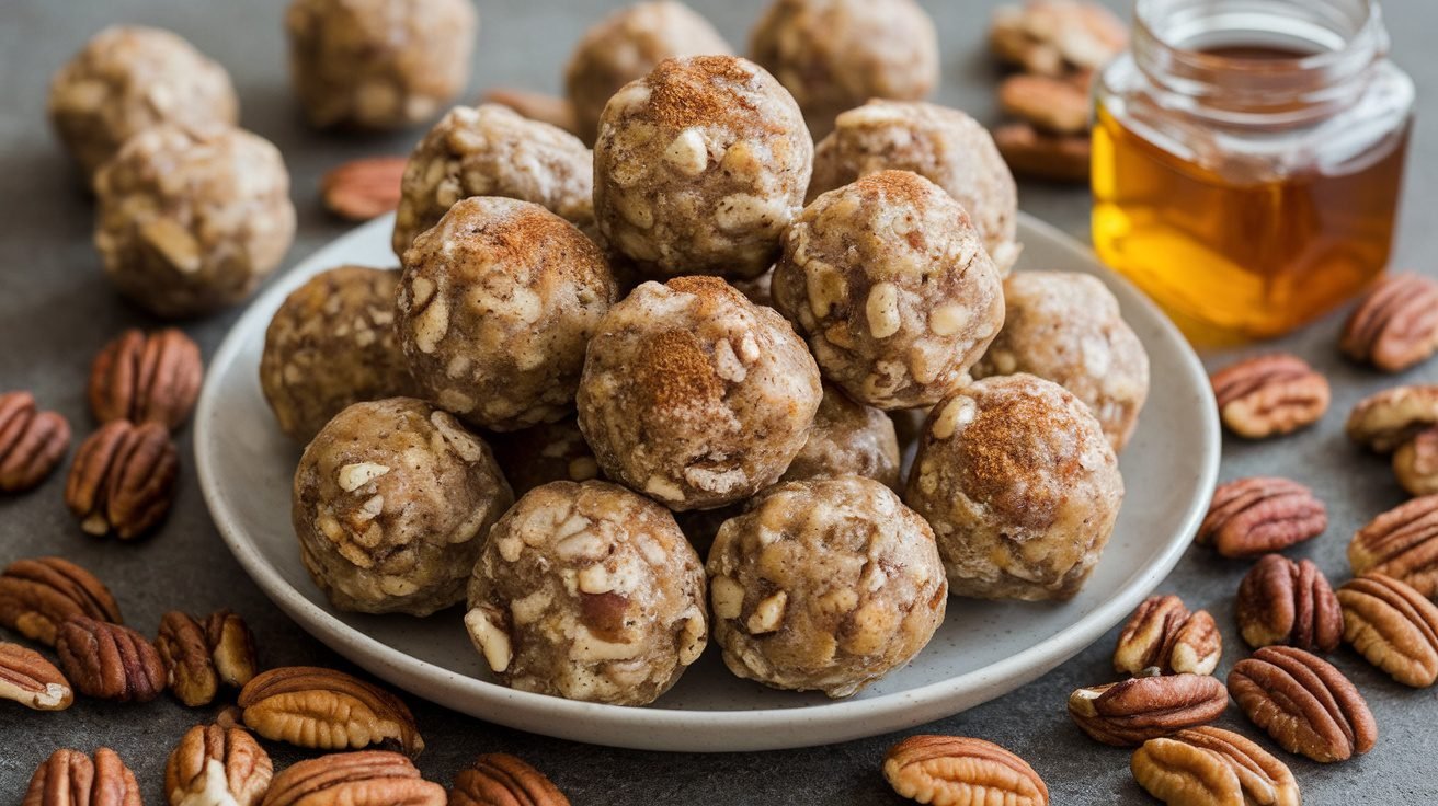 A plate of cinnamon pecan energy balls with pecans and honey, representing a healthy snack.