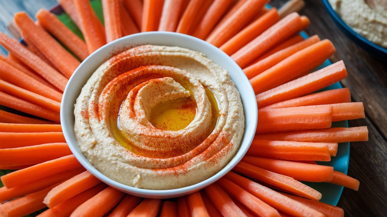 Carrot sticks and a bowl of hummus garnished with paprika on a rustic table.