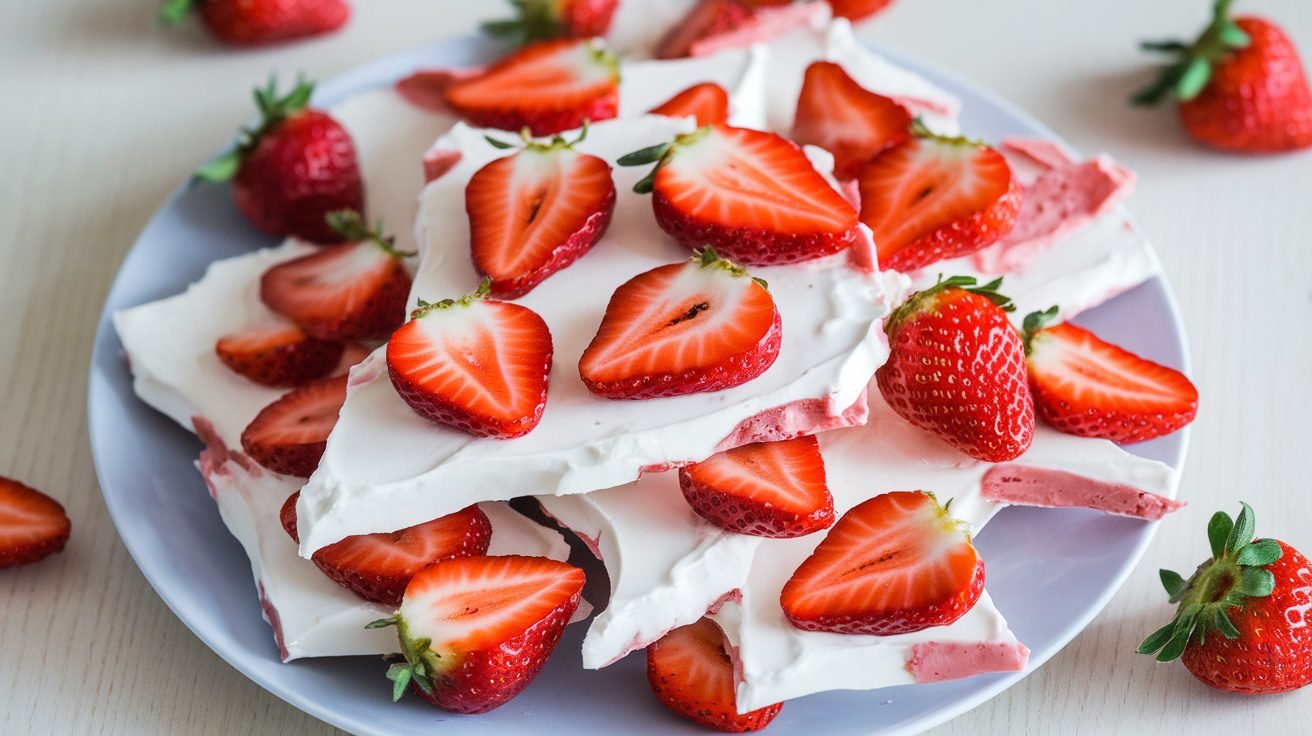 Greek Yogurt Strawberry Bark with fresh strawberries on a white plate.