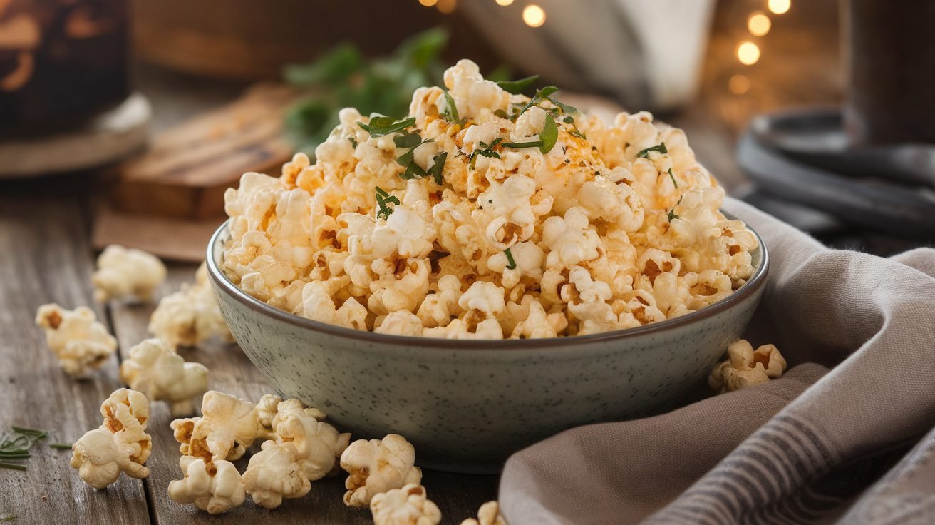 A bowl of ranch seasoned popcorn with herbs and cheese, ready for snacking.