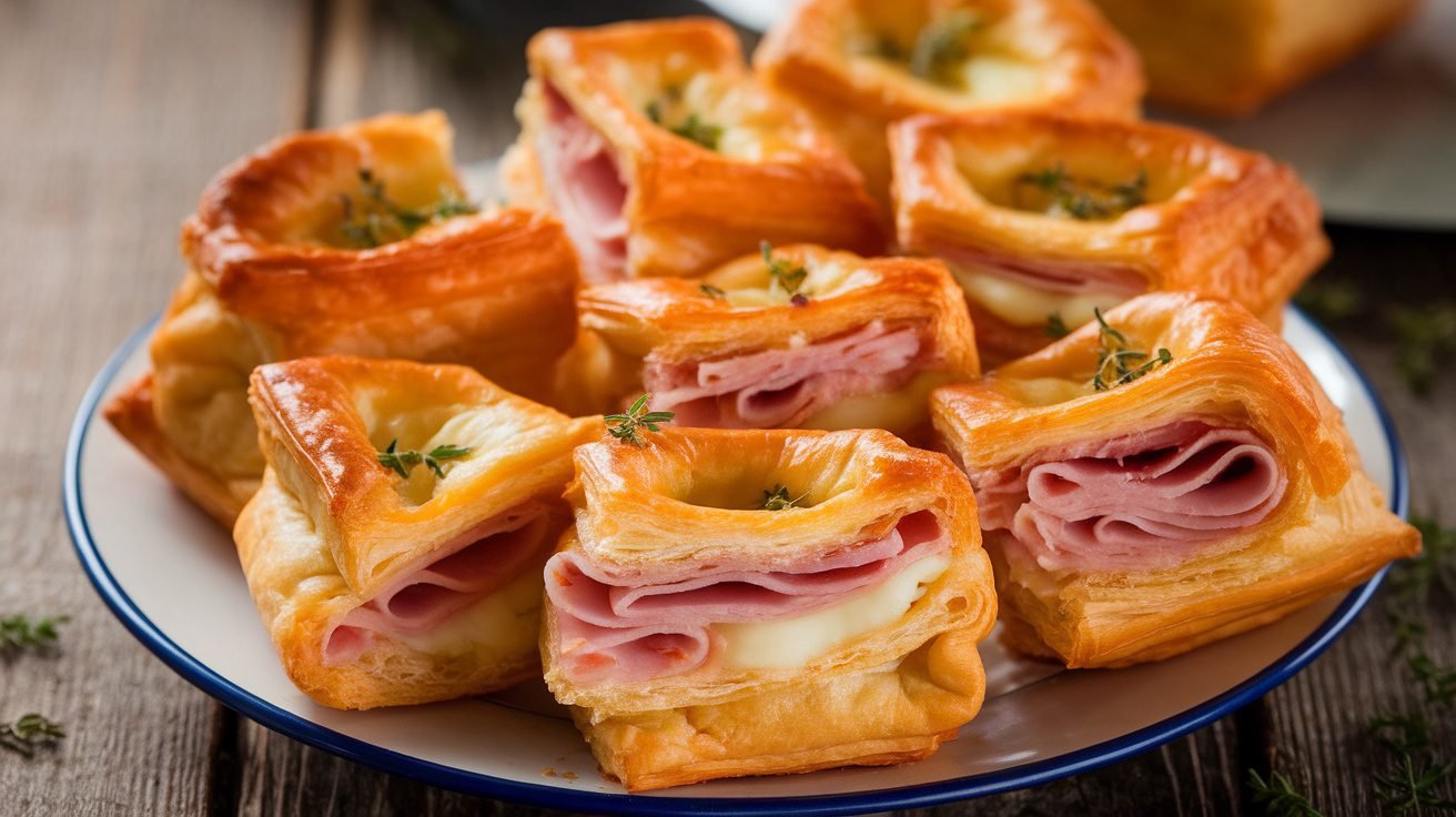 Golden ham and cheese puff pastry bites on a plate, garnished with herbs.