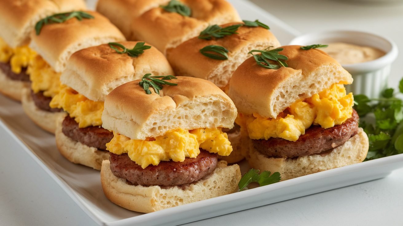 Sausage and egg biscuit sliders on a plate, garnished with herbs, ready to be enjoyed.