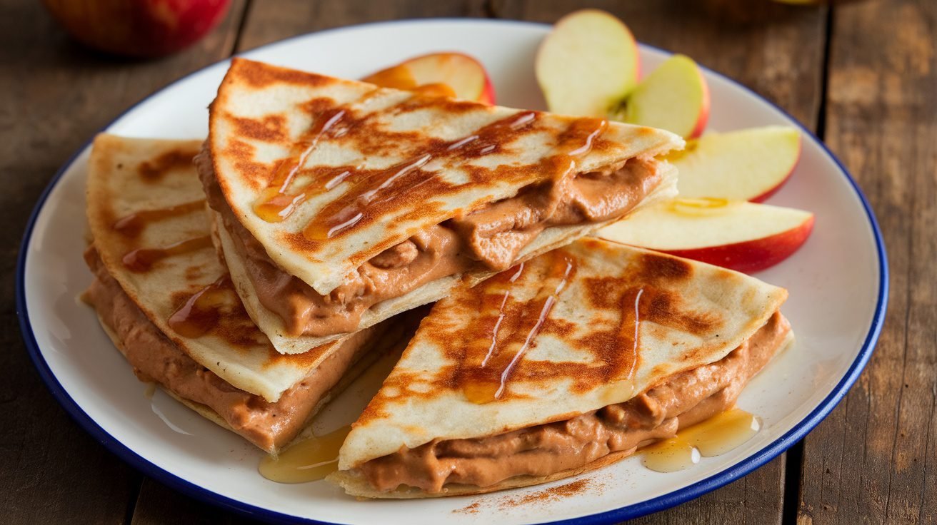 Golden brown quesadillas filled with peanut butter and apple slices, garnished with honey and cinnamon, on a wooden table.