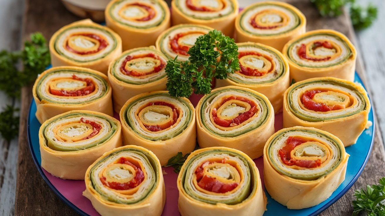 Sliced Cheddar Bacon Ranch Pinwheels on a platter, garnished with parsley.