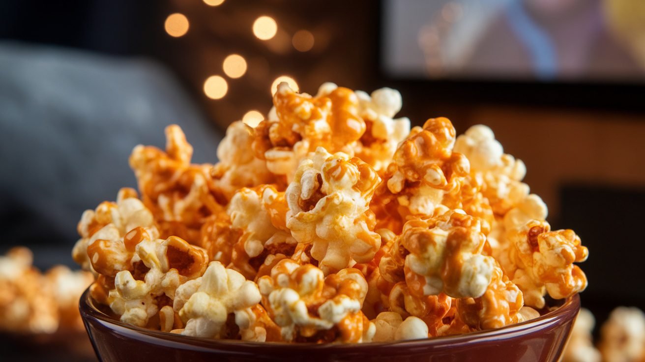 A bowl of caramel popcorn clusters, glistening with caramel, set against a cozy movie night backdrop.