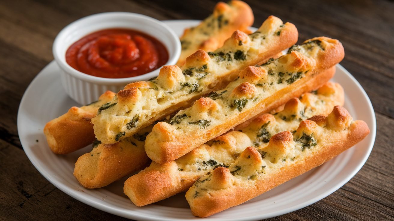 Golden cheesy spinach breadsticks on a plate with marinara sauce for dipping.