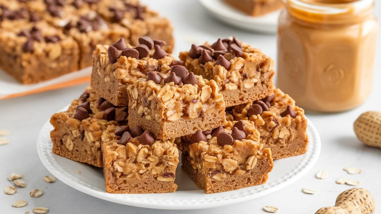 Peanut butter oatmeal squares on a plate, garnished with chocolate chips, with a jar of peanut butter in the background.