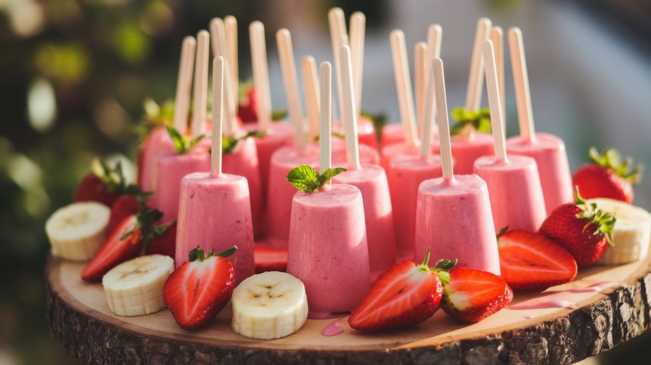 Strawberry banana smoothie pops on a wooden board with fresh strawberries and banana slices.