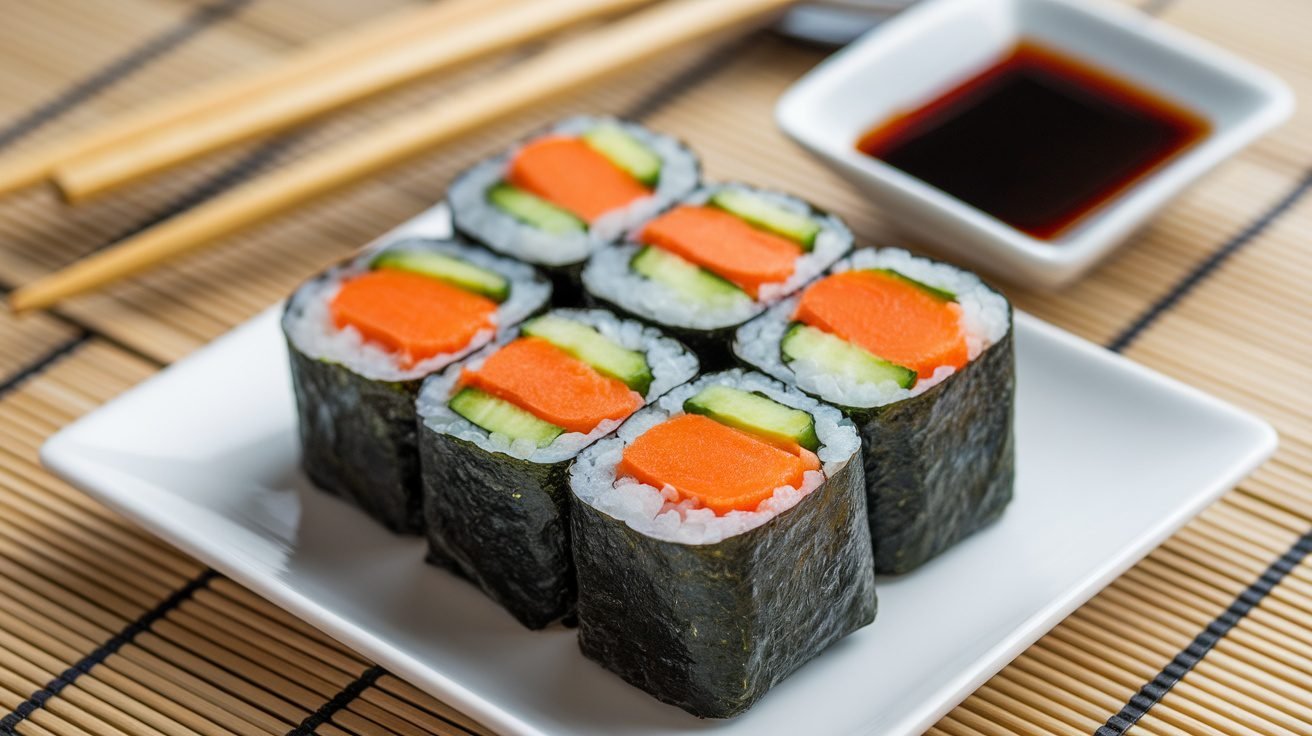 Colorful carrot and cucumber sushi rolls on a plate with soy sauce, garnished with chopsticks.