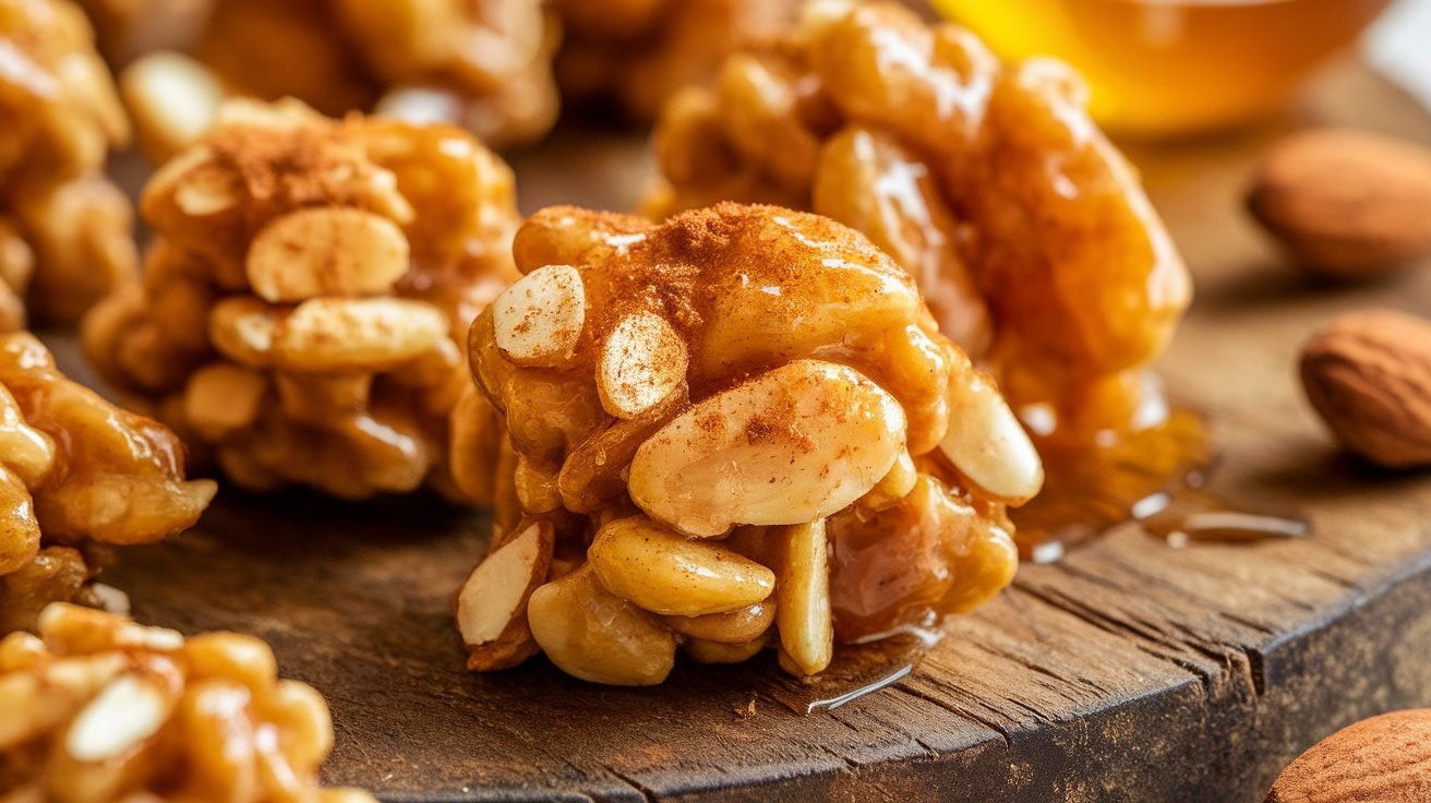 Golden toasted almond clusters on a wooden board with whole almonds and a bowl of honey.