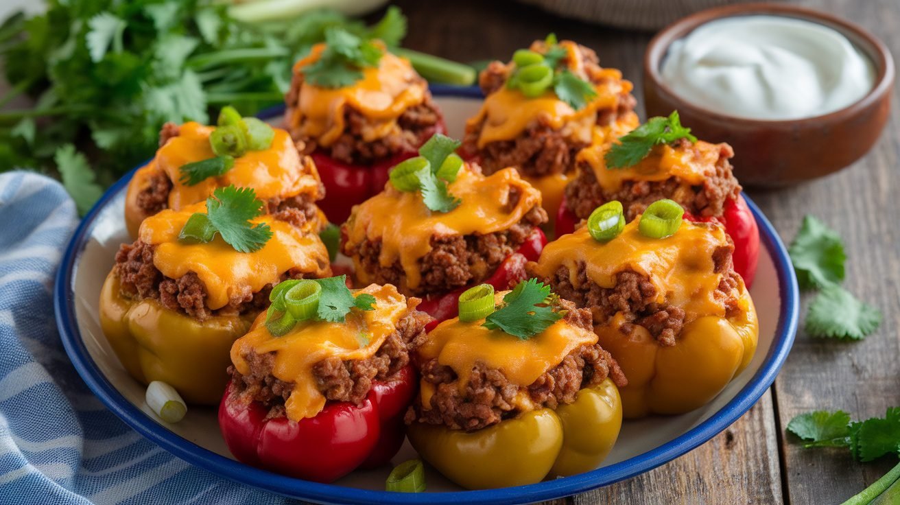 A colorful display of taco stuffed mini peppers filled with beef and cheese, garnished with cilantro and served with sour cream.