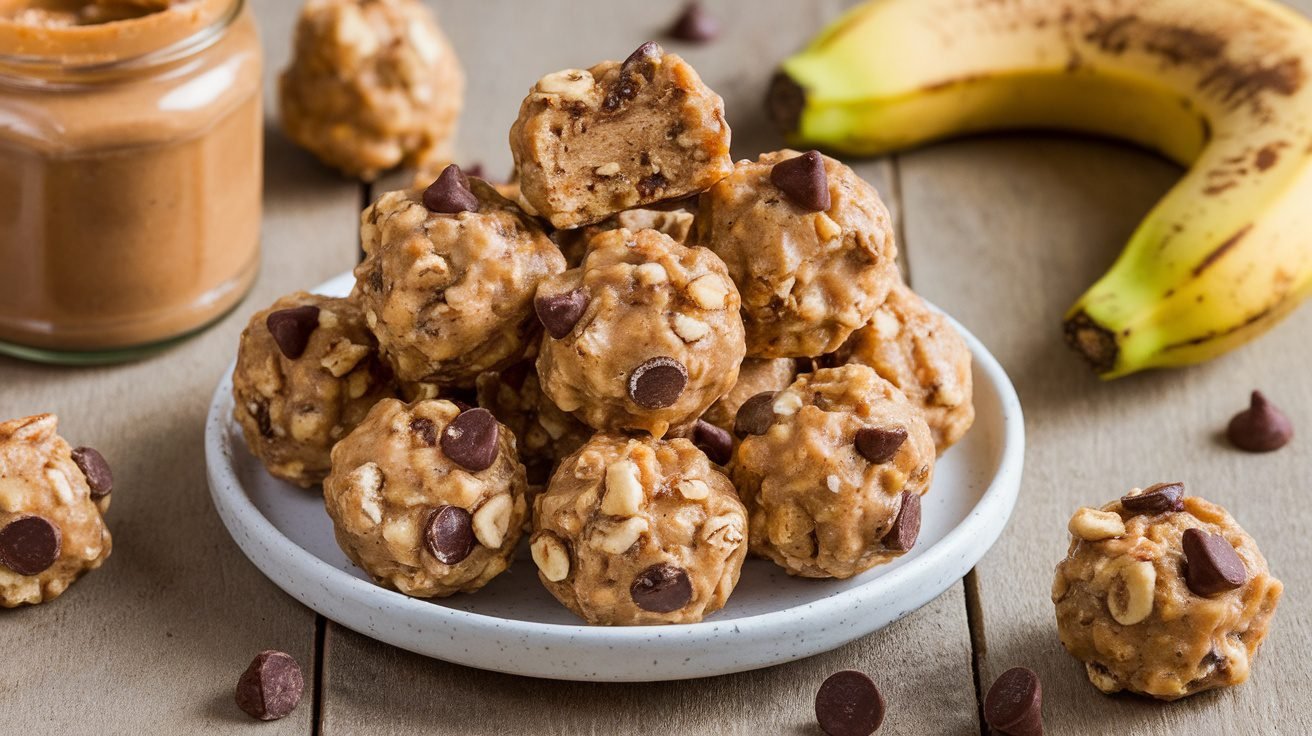 A plate of no-bake banana oat energy bites with chocolate chips and nuts, surrounded by fresh bananas and nut butter.