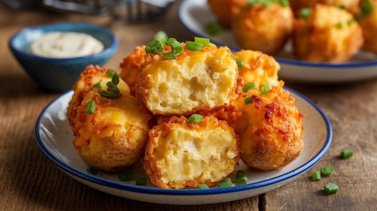 Crispy cheesy mashed potato bites on a plate with green onions and dipping sauce.