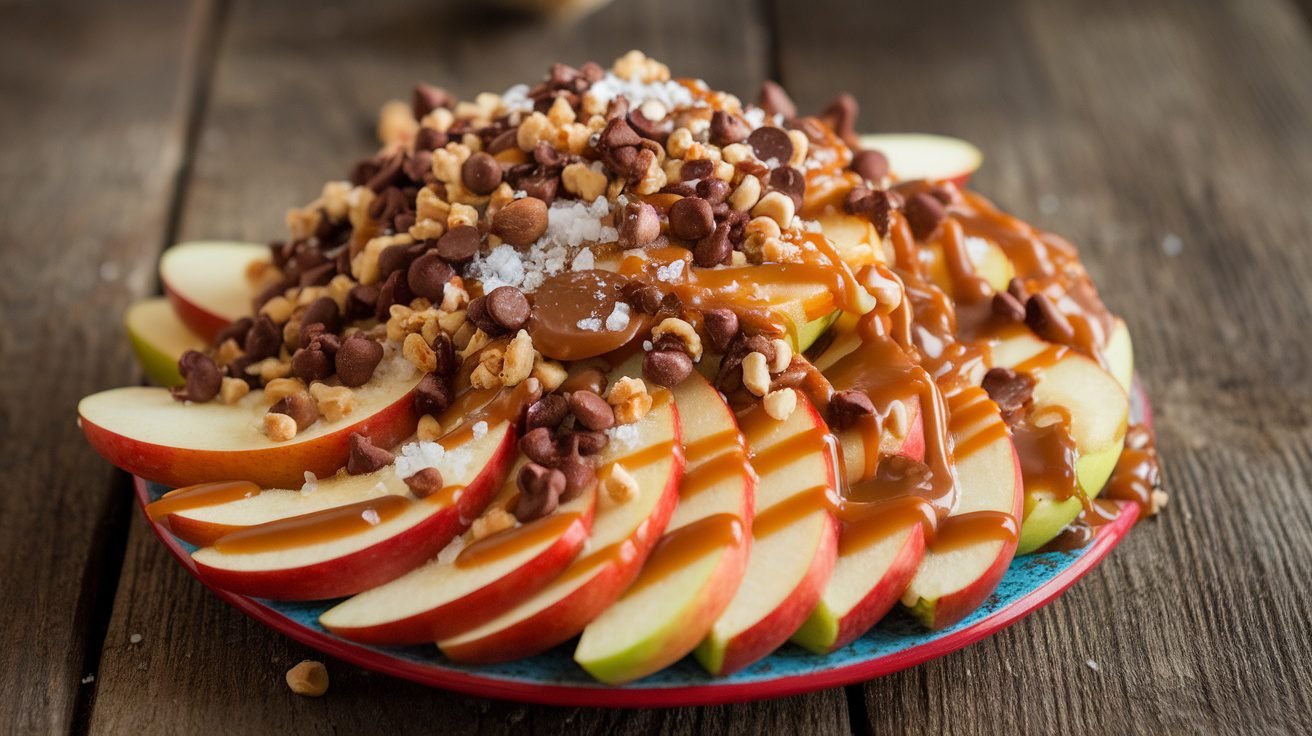 A colorful plate of caramel apple nachos with apple slices, caramel drizzle, chocolate chips, and nuts.